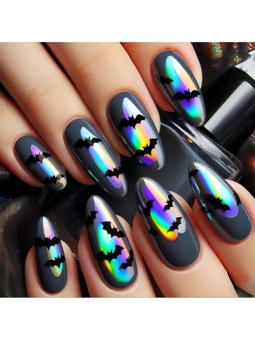 2/$10 Holographic Rainbow Bat False Nail Art Set on Matte Black